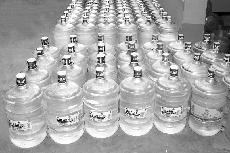 A batch of 20 liters plastic jars filled with treated water, sealed and ready for supply under the Sulabh Safe Drinking Water project in Arsenic-affected village Madhusudankati, North 24 parganas district, West Bengal